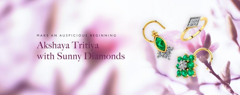 Akshaya Tritiya With Sunny Diamonds banner featuring two diamond and gold nosepins, and a diamond ring