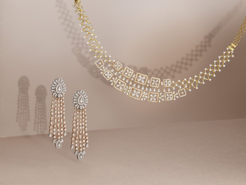 Feather Light diamond and fine gold necklace/earring set for Akshaya Tritiya 